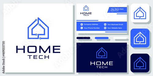 Home Technology Digital Data Smart House Network Modern Logo Design with Business Card Template