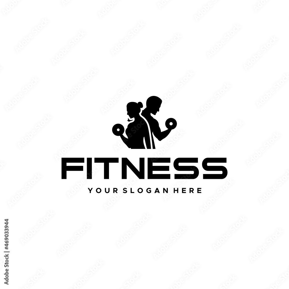 flat FITNESS people silhouette barbell logo design