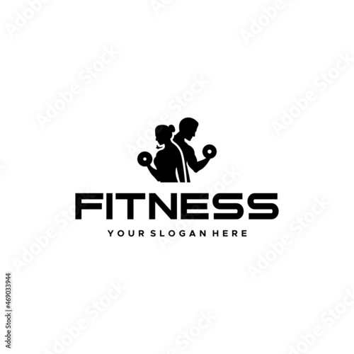 flat FITNESS people silhouette barbell logo design