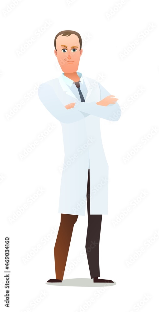 Optimistic doctor in dressing gown. Cheerful persons in standing pose. Cartoon comic style flat design. Separate character. Illustration isolated on white background. Vector
