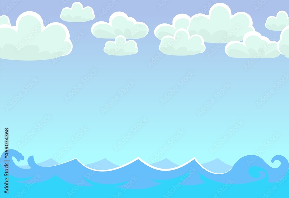 Seascape. Skyline of the blue sea. Illustration in cartoon style. Stylized cartoon waves. Vector.