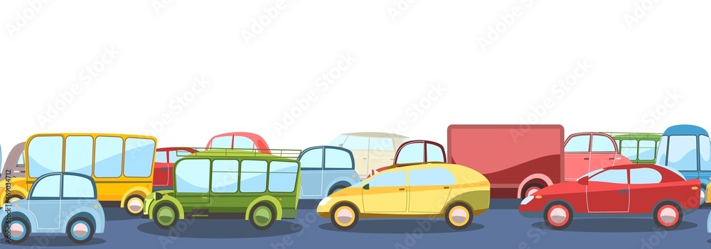 Seamless horizontal Heavy traffic on asphalt road. Cartoon childrens illustration. Different cars in comic style. Isolated on white background. Vector