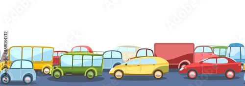Seamless horizontal Heavy traffic on asphalt road. Cartoon childrens illustration. Different cars in comic style. Isolated on white background. Vector