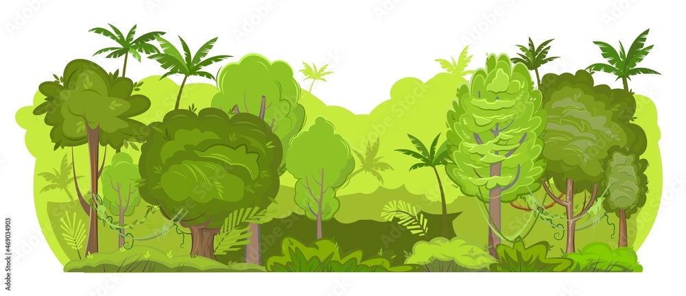 Obraz premium Light Jungle background. Plants rainforest. Isolated on white background. Beautiful green landscape with exotic trees and palms. Cute cartoon style. Vector.