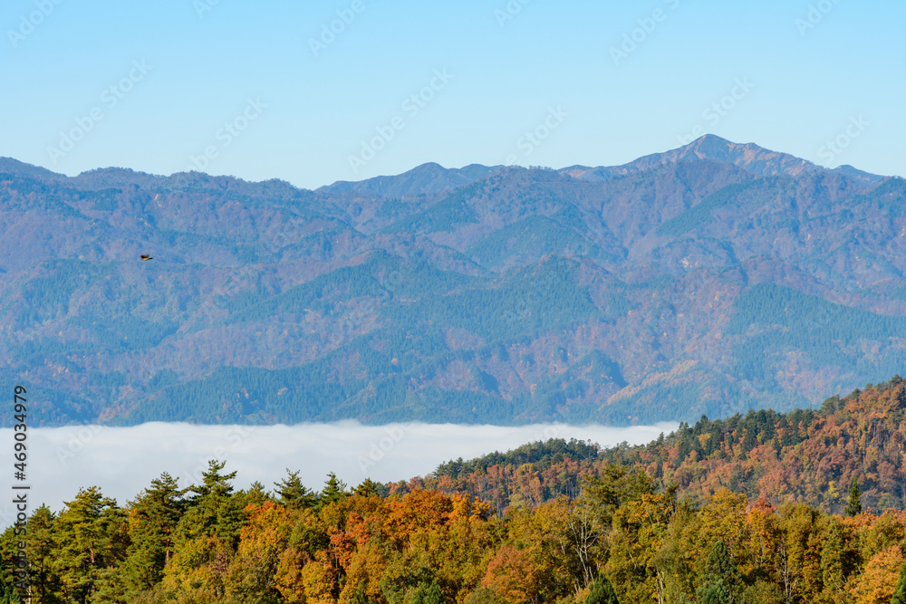 Naklejka premium 朝日連峰と白鷹町 広がる雲海 