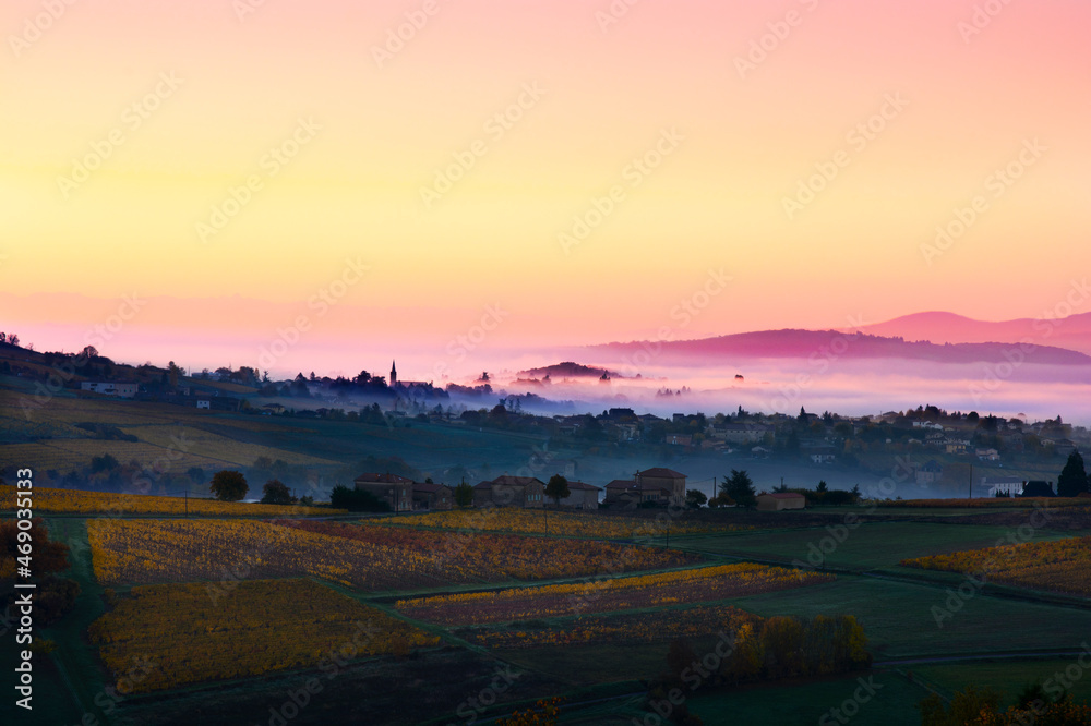 Obraz premium Village of Bois d'Oingt with first morning lights, Beaujolais, France
