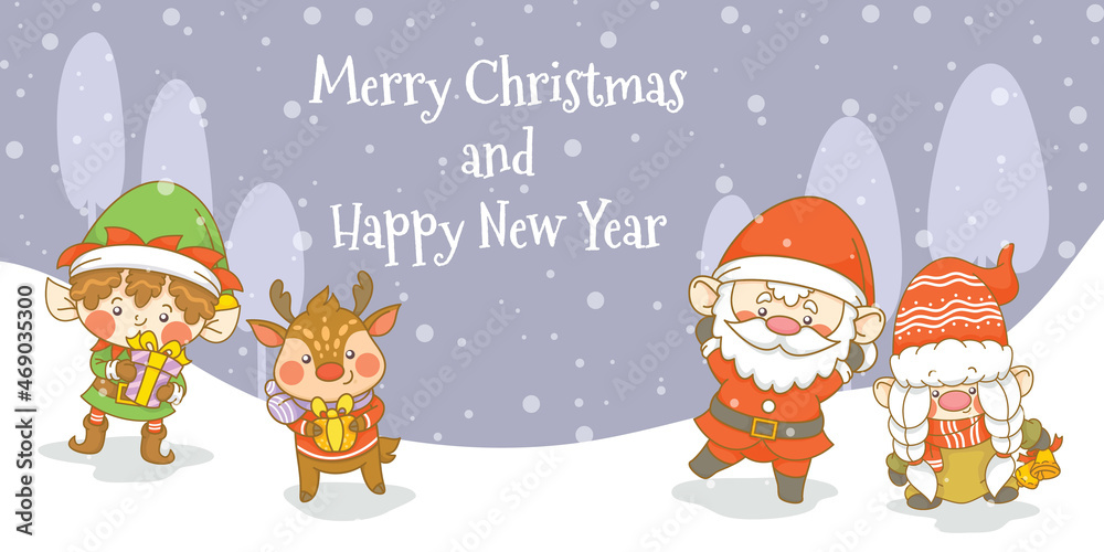 Cute santa gnome elf and deer with christmas and new year greeting banner Cute santa gnome elf and deer with christmas and new year greeting banner