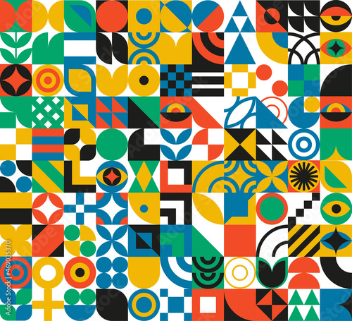 Bauhaus geometric design with eyes elements. Primitive modern shapes and forms. Vector interior posters, covers, banners.