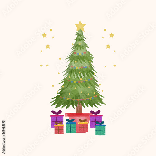 Watercolor illustration of a Christmas tree with gift box