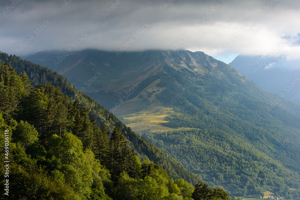 Peak of Pyrenean mountains with clouds, France