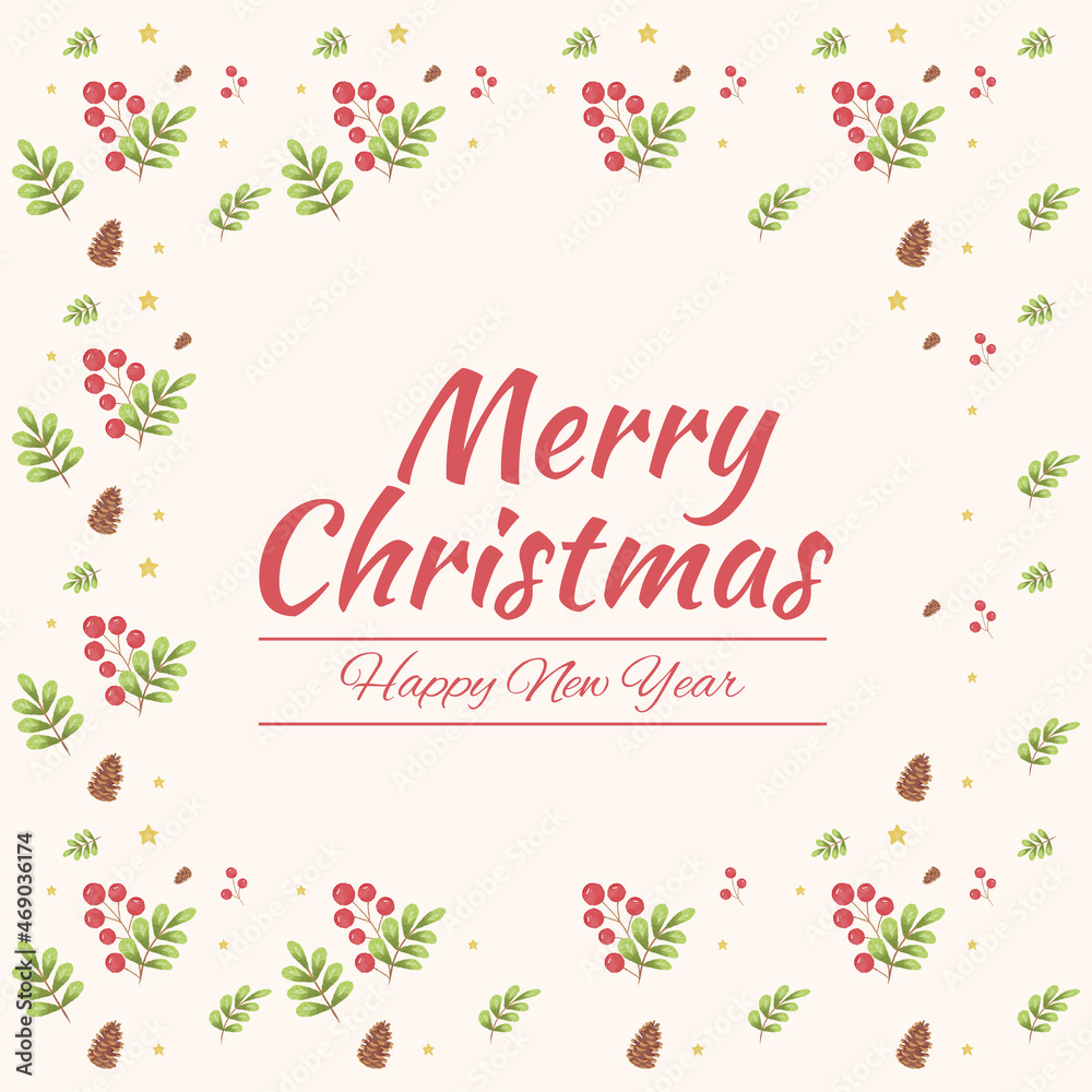 Watercolor Merry Christmas and Happy new year floral as frame background