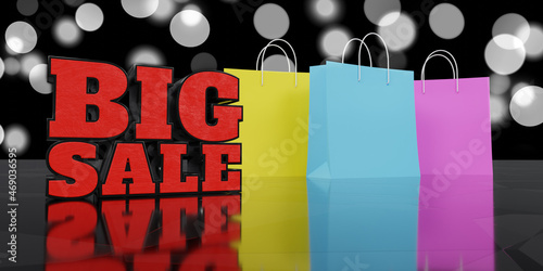 3d render. Red lettering Big sale on the left, yellow, blue and pink paper shopping bags on the right. Black background with bokeh.