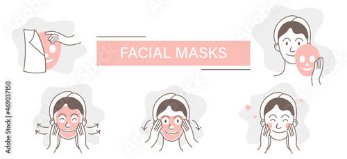 Funny cute Girl Take Care of her Face and Use Facial Sheet Mask. Woman Making Skincare Procedures. Skin Care Routine, Hygiene. Flat Cartoon Illustration and Icons set.
