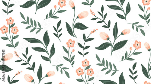 Seamless pattern with small pink flowers, berries, leaves on a white background. Delicate floral print. Girlish floral background with simple hand drawn plants. Vector illustration.
