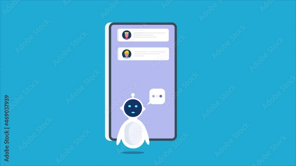 Chatbot assistant mobile app technology, smart chatbot helping customer, having dialog with people on smartphone screen, AI customer support, internet communication. 2d animation 4k video clip. Chatbot assistant mobile app technology, smart chatbot helping customer, having dialog with people on smartphone screen, AI customer support, internet communication. 2d animation 4k video clip.
