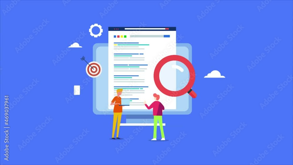 Digital marketing people team analysing seo keyword ranking  position and competition, searching keyword on search engine, seo keyword research concept, 2d animation 4k video clip.  