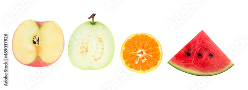 Fototapeta Naklejka Na Ścianę i Meble -  Fresh fruits cut in half isolated on white background.