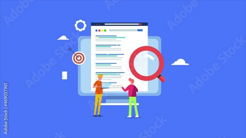 Digital marketing people team analysing seo keyword ranking  position and competition, searching keyword on search engine, seo keyword research concept, 2d animation 4k video clip.  