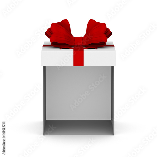 open white gift box with red bow on white background. Isolated 3D illustration