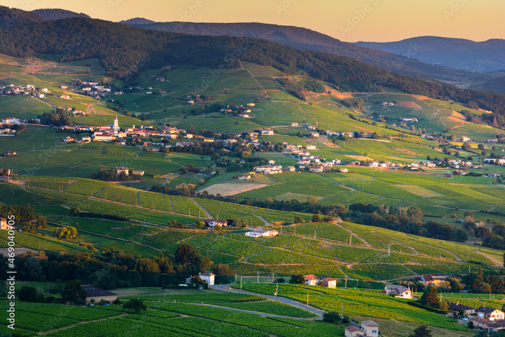 Morning lights and colors over village of Beaujolais, France