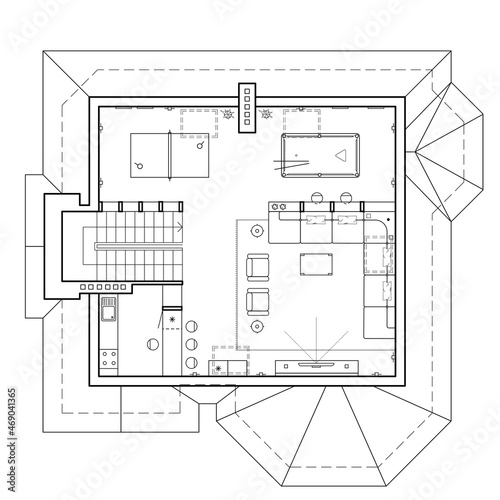 The attic floor in the cottage. Architectural plan of a house. Layout of the apartment with the furniture in the drawing view. Top view , with a pool table, living room and kitchen. Vector icons.