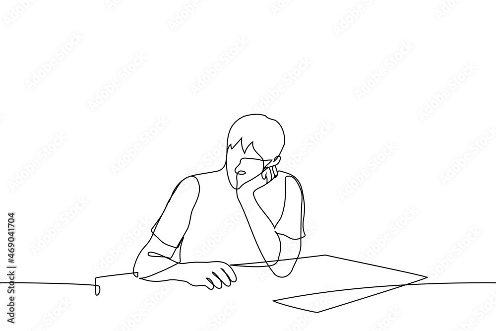man sitting at the table propping his chin with his hand - one line drawing vector. tired student concept, student does not understand the material, student procrastination