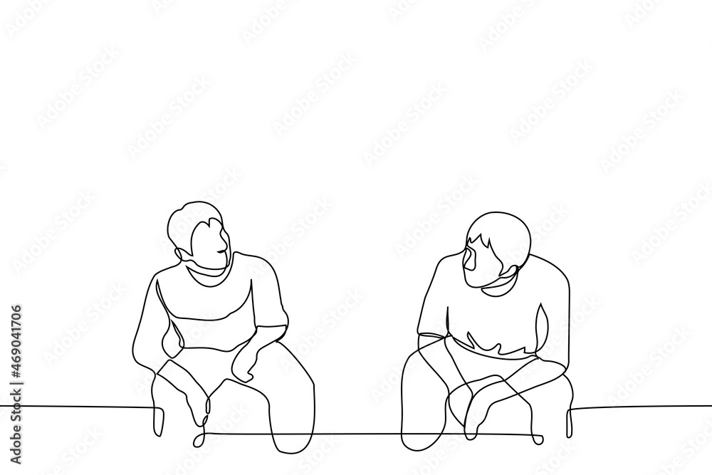 two men are sitting on the sofa facing each other - one line drawing vector. concept of conversation, dating, communication two men are sitting on the sofa facing each other - one line drawing vector. concept of conversation, dating, communication