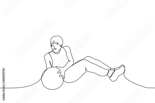 man doing press exercises - one line drawing vector. fitball twisting concept. man lies on the floor with a ball in his hands and carries it from side to side, shaking his abdominal muscles