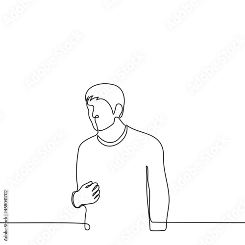 man shyly presses almost closed palm to his chest (belly) - one line drawing vector. concept of insecure person points to himself, embarrassed man declares himself; pluck up courage to volunteer first