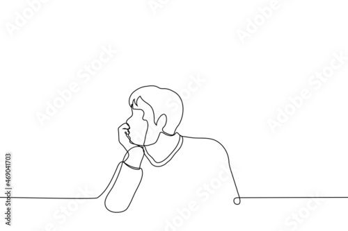 man sits in profile and looks dreamily into the distance - one line drawing vector. man rests his chin and thinks about something, day dreaming