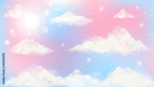 Holographic fantasy rainbow unicorn background with clouds. Pastel color sky. Magical landscape, abstract fabulous pattern. Cute candy wallpaper. Vector.