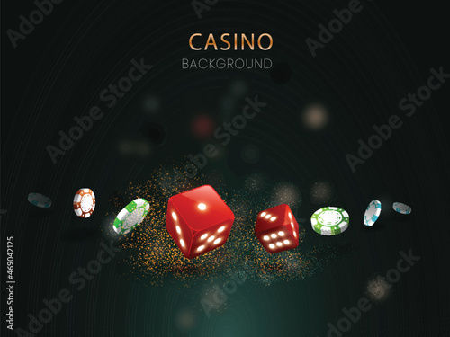 Casino Blurred Green Background With 3D Casino Chips, Dices.