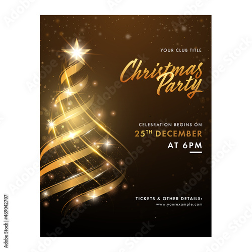 Christmas Party Flyer Design With Xmas Tree Made By Golden Wave And Lights Effect.