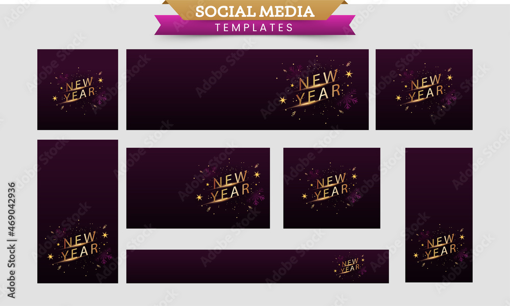 Social Media Template And Banner Set With Golden New Year Font On Brown Background.