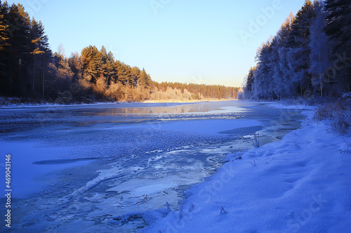 Landscape river winter seasonal view water snow forest © kichigin19