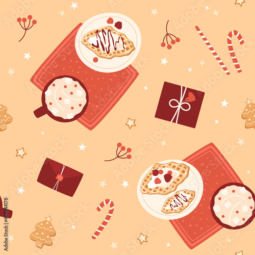 Christmas meal seamless pattern. Festive background with waffles, cocoa, gift box, envelope with stamp, cookies, branches with berries. Tree, candy cane. Croffles with chocolate topping on plate.