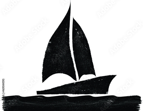 Ocean, sailing yacht and Abstract Waves . Grunge Logo Element. Sailboat on the sea Icon . Brush Stroke . Vector Illustration. 