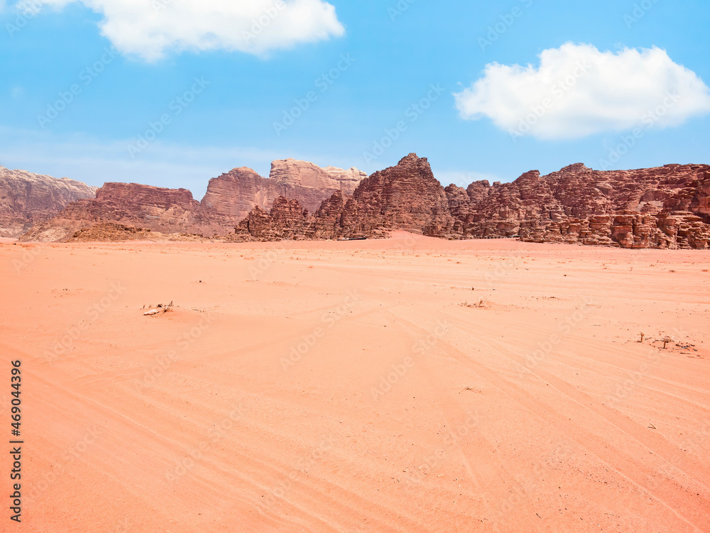 Scenic view from Wadi Rum rocky desert, in Jordan. Desert landscape
