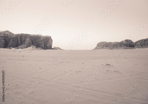 Scenic view from Wadi Rum rocky desert  in Jordan. Desert landscape