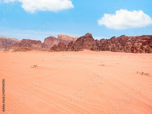 Scenic view from Wadi Rum rocky desert, in Jordan. Desert landscape 