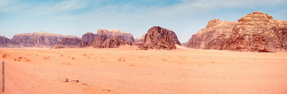 Scenic view from Wadi Rum rocky desert, in Jordan. Desert landscape