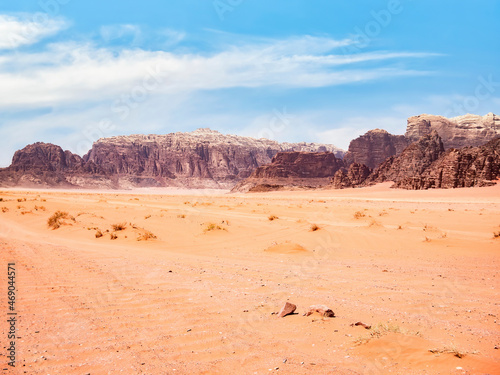 Scenic view from Wadi Rum rocky desert, in Jordan. Desert landscape