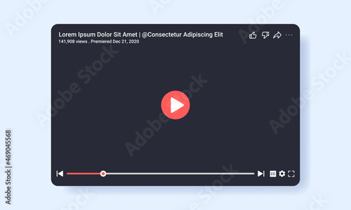 Flat vector illustration of web video player in dark theme. Suitable for design element from video player mock up and online video player user interface.