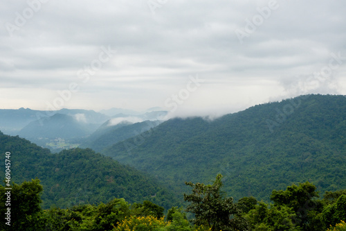 Beautiful nature with trees and mountains, waterfalls. It is a tourist destination for a vacation.