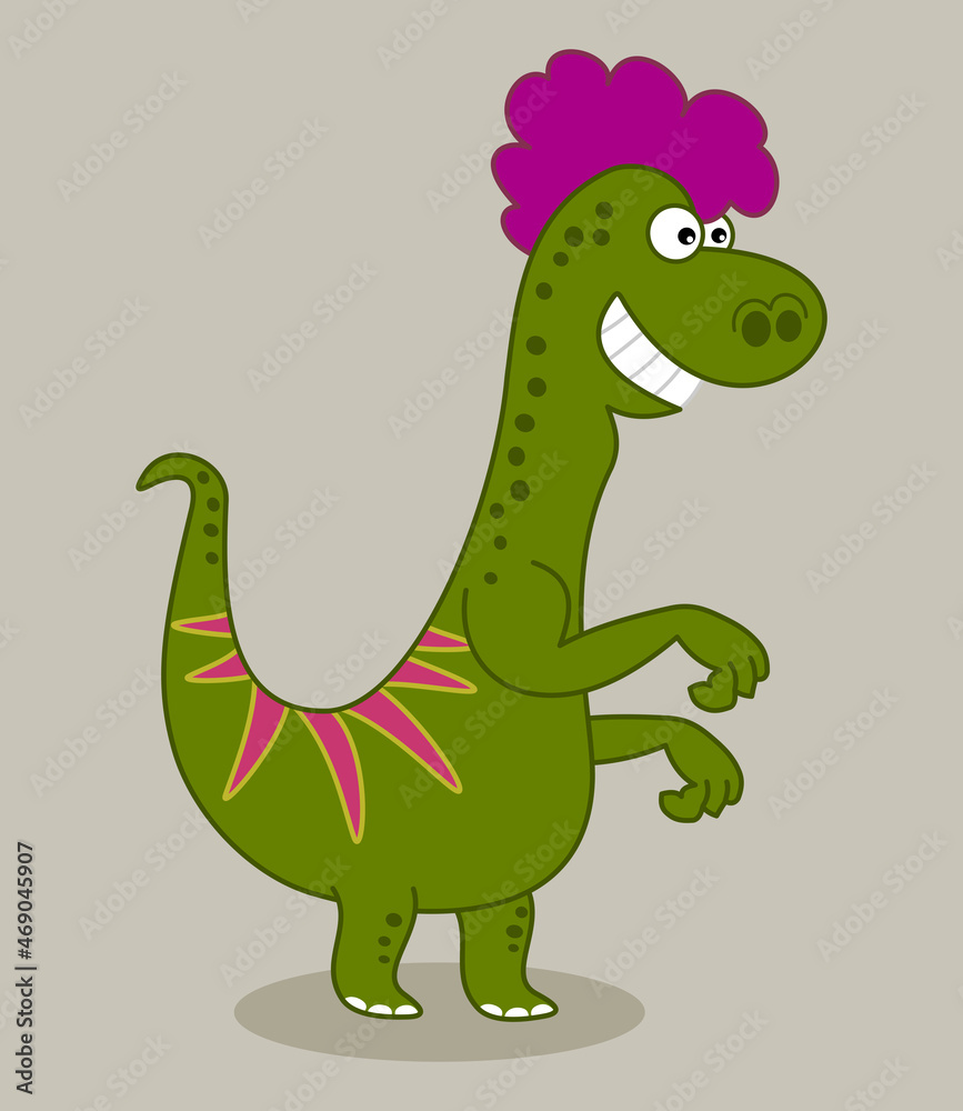 Fototapeta premium Green lizard dinosaur with pink hair on profile with smile 