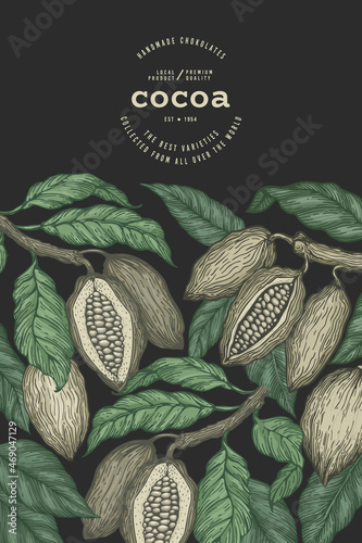 Cocoa color banner template. Chocolate retro cocoa beans background. Vector hand drawn illustration. Vintage style illustration.