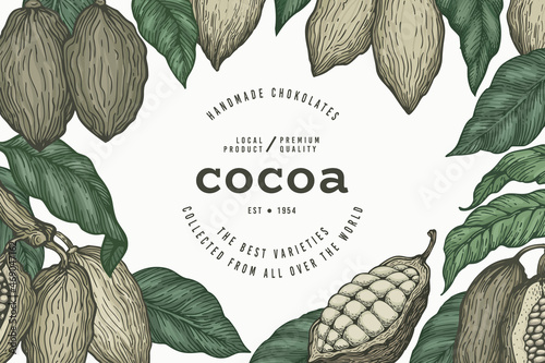 Cocoa color banner template. Chocolate retro cocoa beans background. Vector hand drawn illustration. Vintage style illustration.