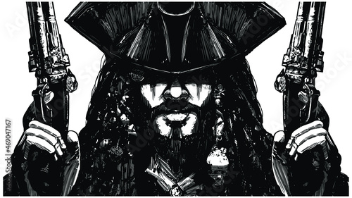 A smiling bearded pirate with two pistols in his hands, evil smiling hiding his face in the shadow of a hat, he has long black hair with a lot of talismans and baubles woven into them. 2d comic art