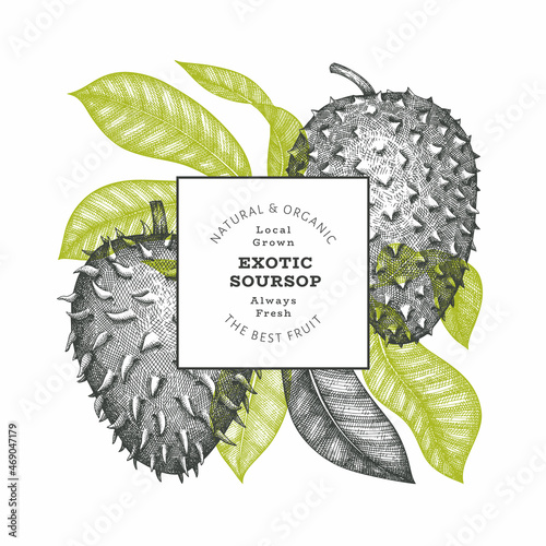 Hand drawn sketch style soursop fruit banner. Organic fresh fruit vector illustration. Retro guanabana design template