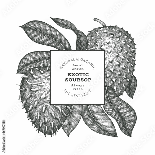 Hand drawn sketch style soursop fruit banner. Organic fresh fruit vector illustration. Retro guanabana design template